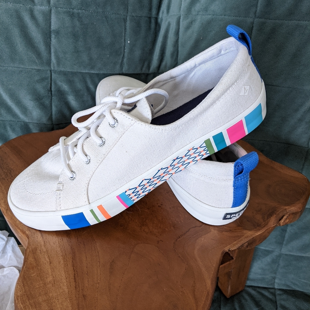 Sperry White Sneakers w/ Color Striped Bottoms